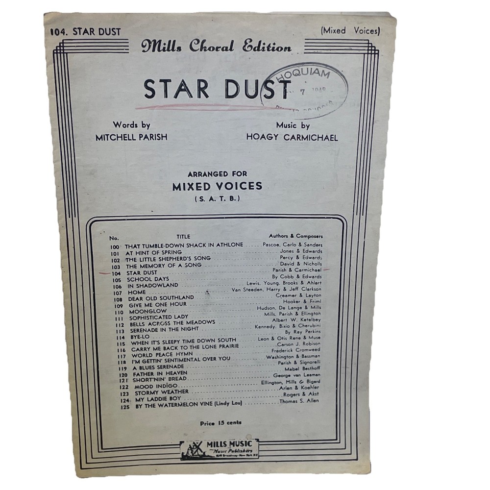 1929 Star Dust Sheet Music Hoagy Carmichael Mitchell Parish SATB Mixed Voices