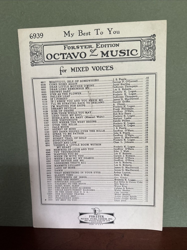Octavo of Music For My Best To You Forster ed for mixed voices 6939 1942