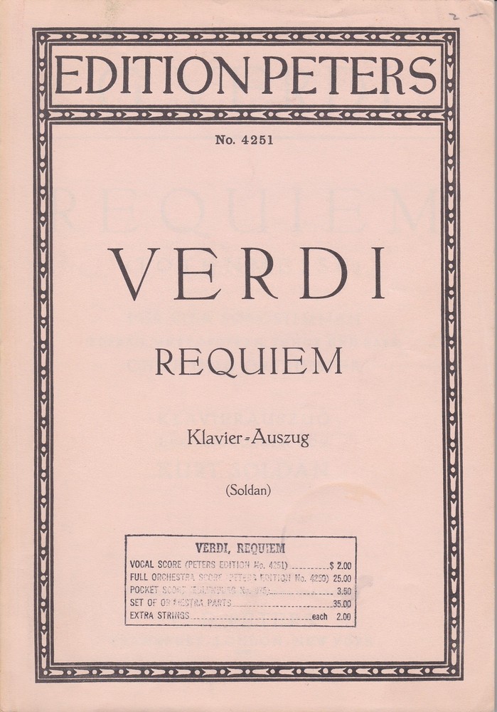 Verdi Requiem Vocal Score Giuseppe Edition Peters No. 4251 1937 German Ed