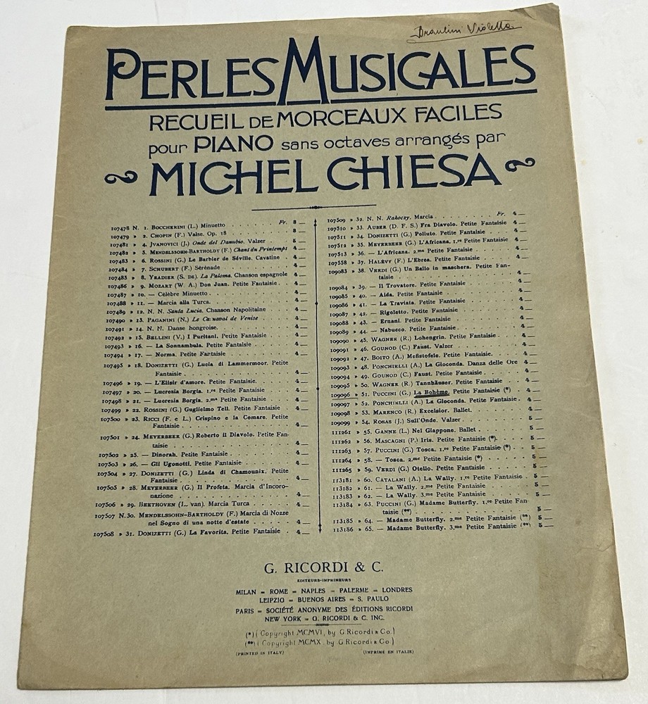 Vintage Ricordi PERLES MUSICALES Michel Chiesa Piano Sheet Music c.1910 Rare