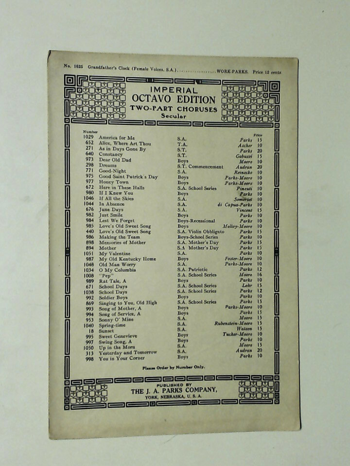 Grandfather&rsquo;s Clock (Female Voices) Work-Parks 1935