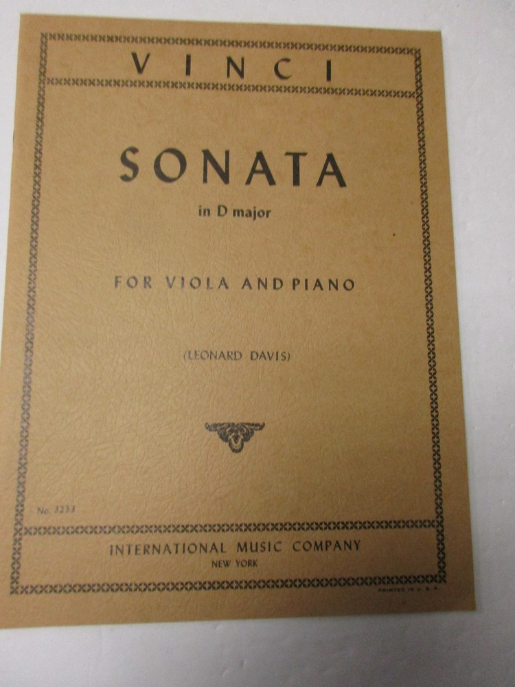 Leonardo Vinci Sonata in D Major Viola & Piano Sheet Music International Company