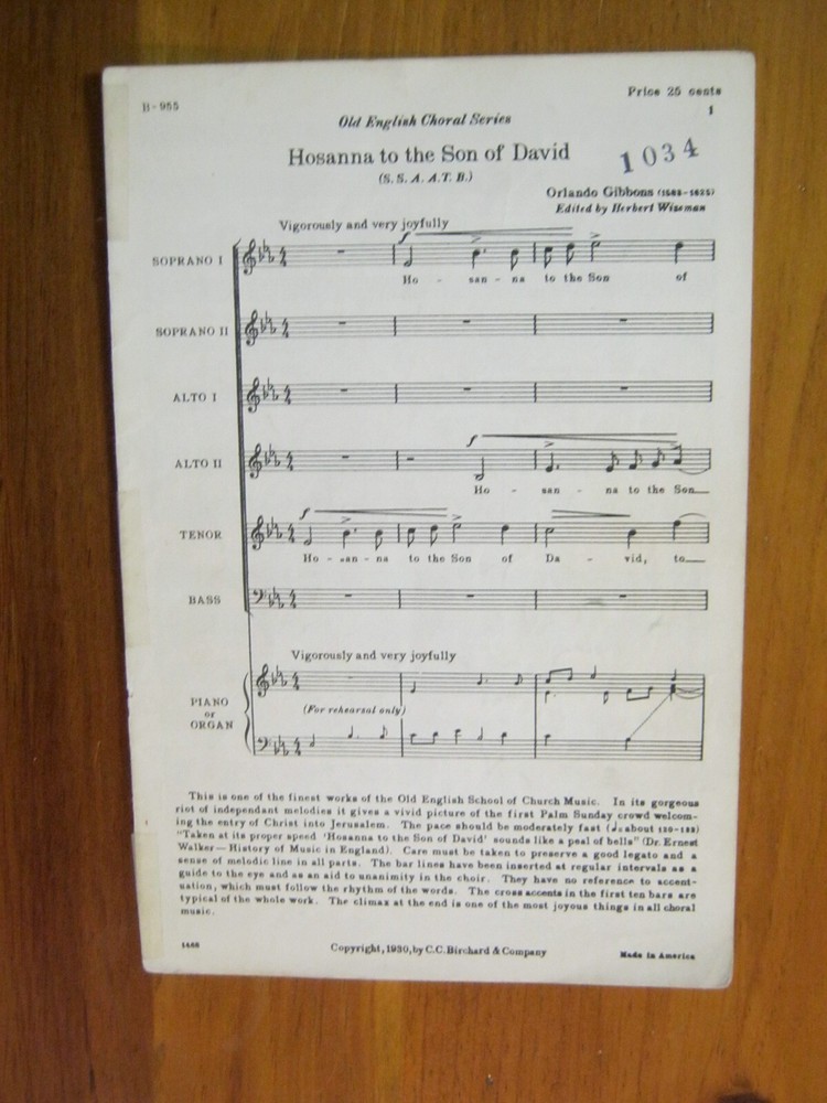Hosanna To The Son Of David Gibbons C C Birchard 1930 SSAATB
