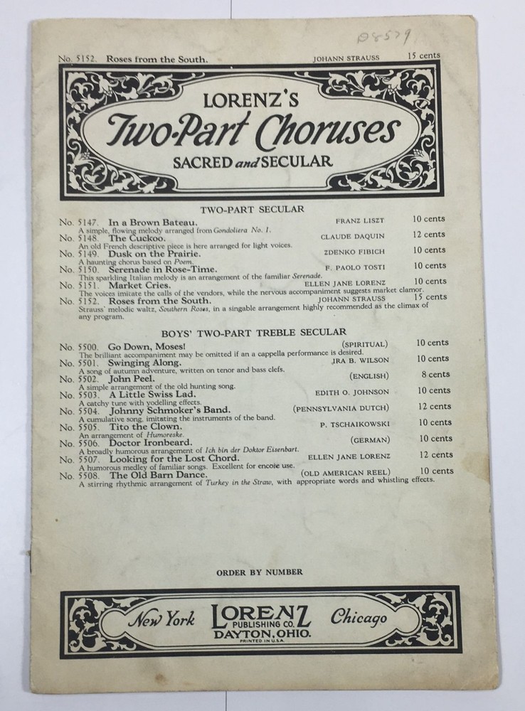 Lorenz&rsquo;s Two Part Choruses Roses From the South Sheet Music 1939 Johann Strauss