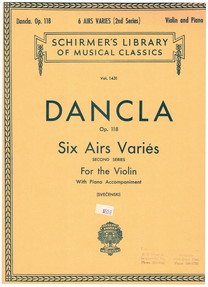DANCLA SIX AIRS VARIES FOR THE VIOLIN BOOK WITH PIANO ACCOMPANIMENT SCHIRMER NEW