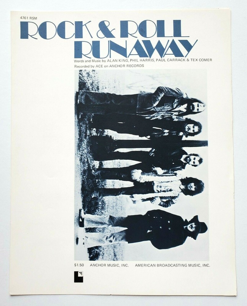 Rock And Roll Runaway Ace 1975 Sheet Music Piano Vocal Guitar Retro Rock Pop Vtg
