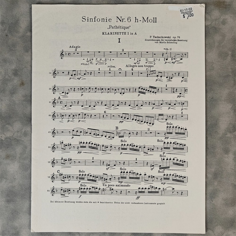 ca1950s Tchaikovsky Sym 6 Pathétique Clarinet 1 in A Orchestral Sheet Music Part