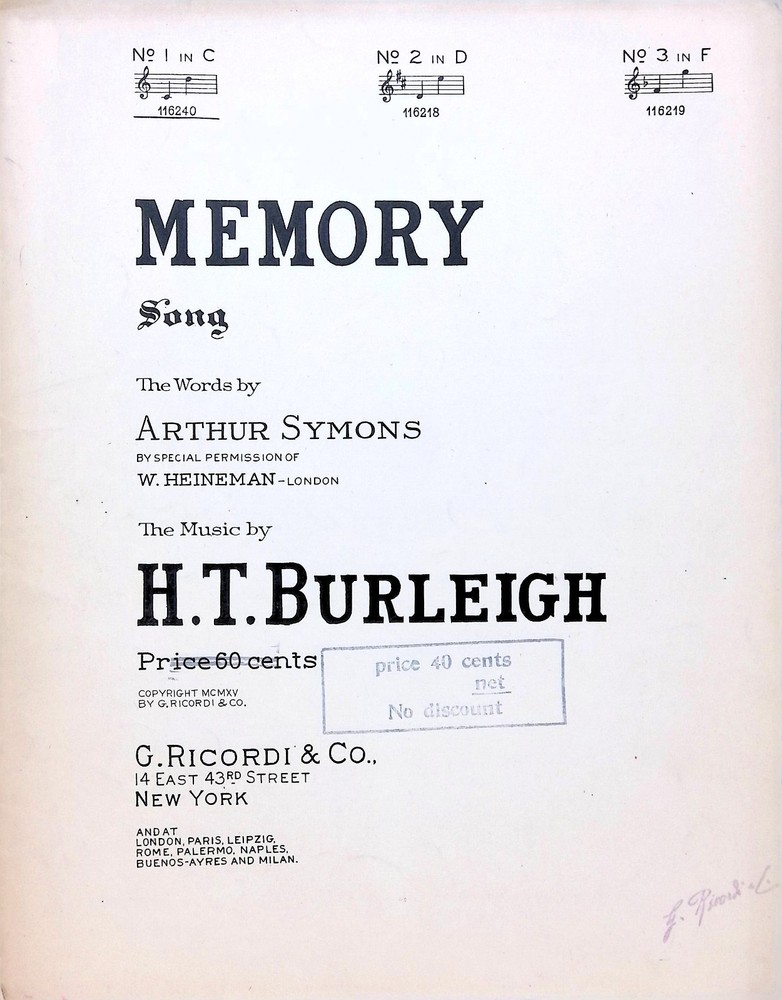 Memory Sheet Music Harry Burleigh Arthur Symons Low Voice Art Song 1915 Key of C