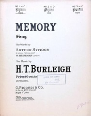 Memory Sheet Music Harry Burleigh Arthur Symons Low Voice Art Song 1915 Key of C